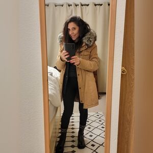 Lucky Brand Tan Utility Jacket with Faux Fur Hood